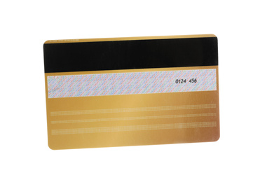 Golden plastic credit card isolated on white