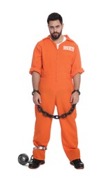 Prisoner in jumpsuit with chained hands and metal ball on white background