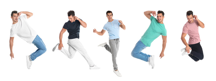 Image of Collage of emotional young man wearing fashion clothes jumping on white background. Banner design