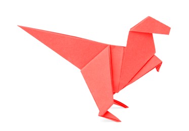Photo of Origami art. Handmade red paper dinosaur on white background