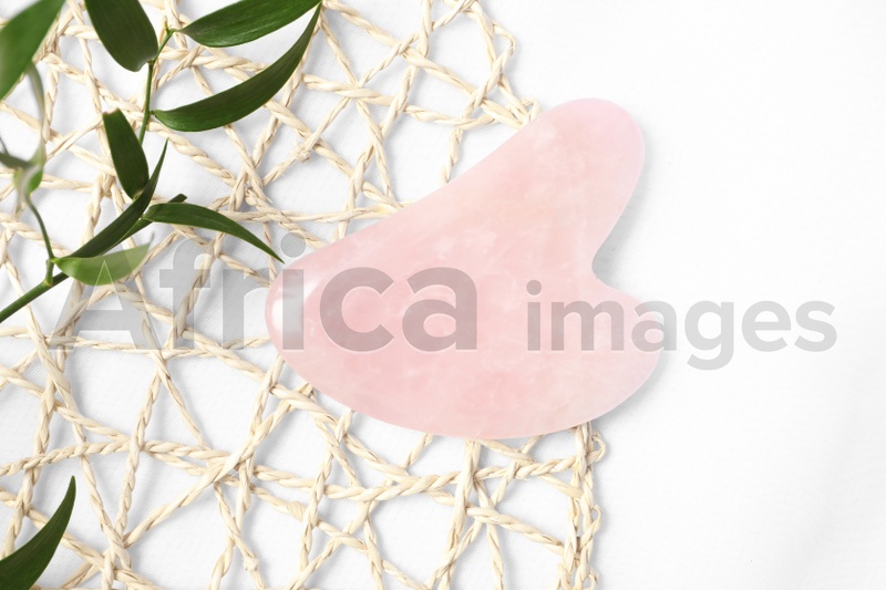 Photo of Rose quartz gua sha tool and green branch on white table, flat lay