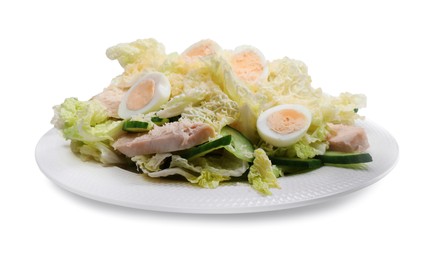 Delicious salad with Chinese cabbage, eggs and meat isolated on white
