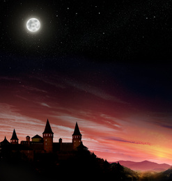 Fairy tale world. Magnificent castle under starry sky with full moon 