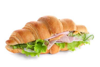 Tasty croissant sandwich with ham and cucumber on isolated on white