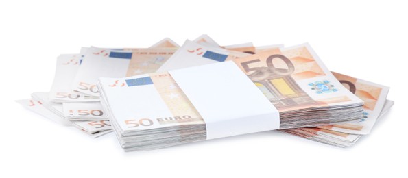Pile of euro banknotes isolated on white. Money and finance