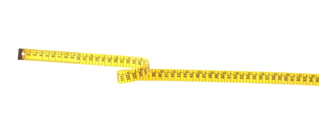 Long yellow measuring tape isolated on white, top view