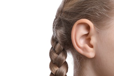 Cute little girl on white background, closeup of ear