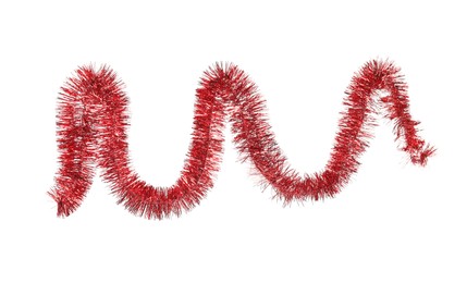 Shiny red tinsel isolated on white. Christmas decoration