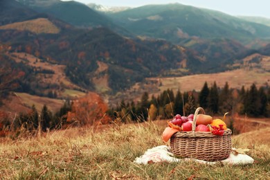 Wicker picnic basket with fruits, autumn leaves and plaid in mountains, space for text
