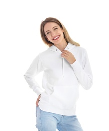 Photo of Portrait of woman in hoodie sweater on white background. Space for design
