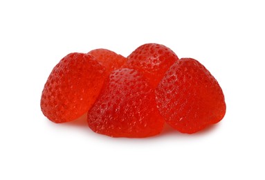 Pile of delicious gummy strawberry candies on white background