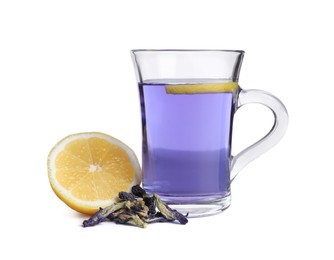 Glass cup of organic blue Anchan with lemon on white background. Herbal tea