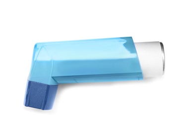 Asthma inhaler on white background, top view. Medical treatment