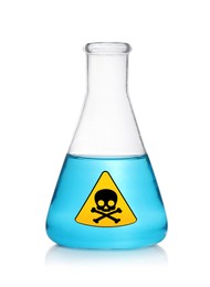 Glass bottle with blue toxic sample and warning sign on white background