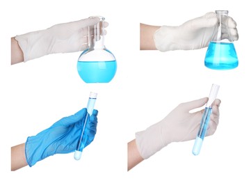 Collage with photos of scientists holding different laboratory glassware with light blue samples on white background, closeup