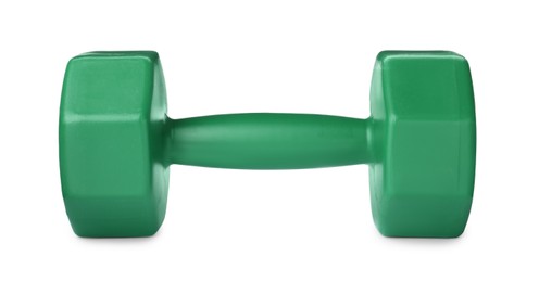 Green dumbbell isolated on white. Weight training equipment