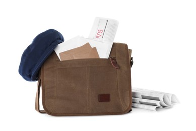 Brown postman bag with mails, newspapers and hat on white background