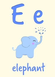Illustration of Learning English alphabet. Card with letter E and elephant, illustration