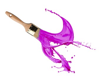 Brush and splashing purple paint on white background