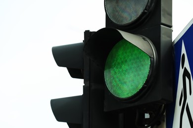 Traffic light against sky in city, closeup