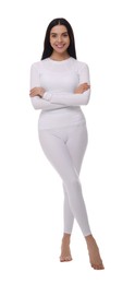 Photo of Woman in warm thermal underwear on white background