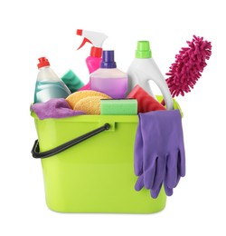 Photo of Green plastic bucket with cleaning supplies and tools isolated on white