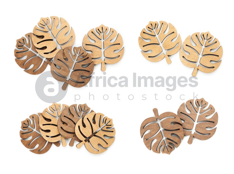 Set with stylish wooden cup coasters on white background, top view