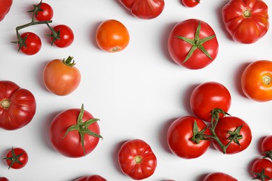 Frame of different ripe tomatoes on white background. Space for text