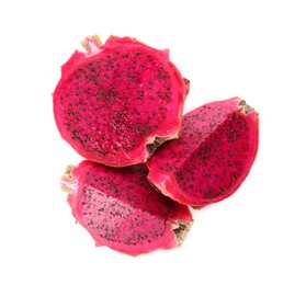 Delicious cut red pitahaya fruit on white background, top view