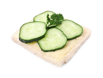 Photo of Tasty cucumber sandwich with parsley isolated on white
