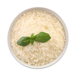 Bowl with grated parmesan cheese and basil isolated on white, top view