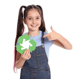 Girl with recycling symbol on white background