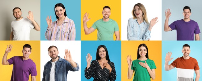 Collage with photos of cheerful people showing hello gesture on different color backgrounds. Banner design