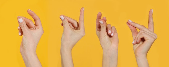 Collage with photos of women snapping fingers on yellow background, closeup. Banner design