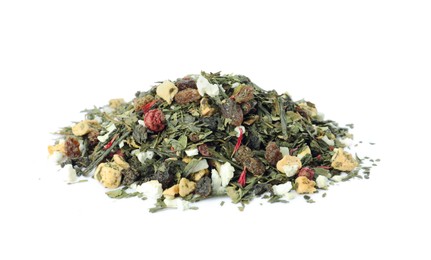 Photo of Pile of aromatic herbal tea isolated on white