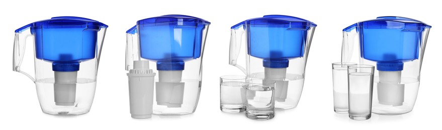Set with water filter jugs and glasses on white background. Banner design