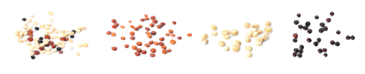 Set with different types of quinoa on white background. Banner design