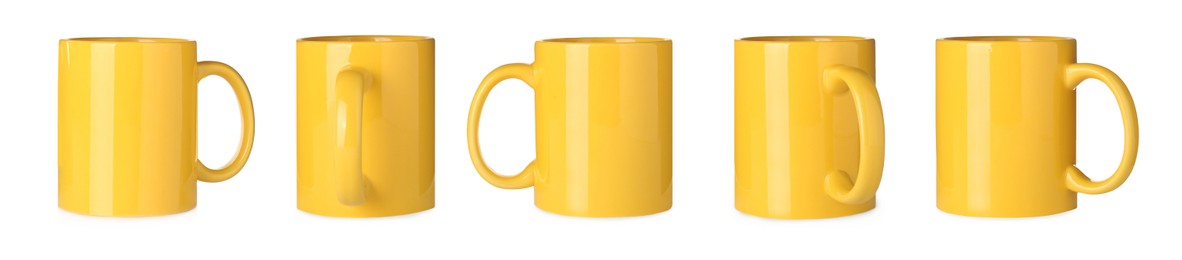 Set with yellow ceramic mugs on white background. Banner design