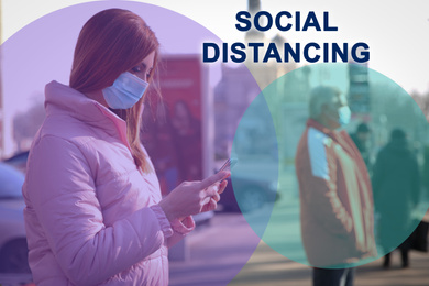 Image of People wearing masks outdoors. Social distancing during coronavirus outbreak