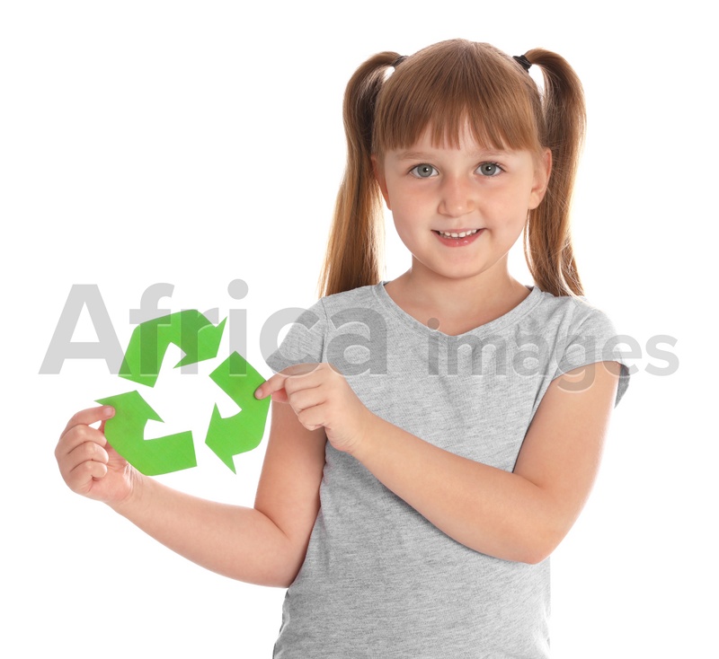 Little girl with recycling symbol on white background