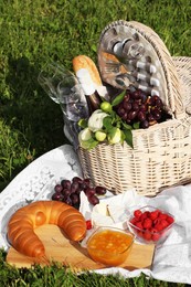 Picnic blanket with tasty food, flowers, basket and cider on green grass outdoors