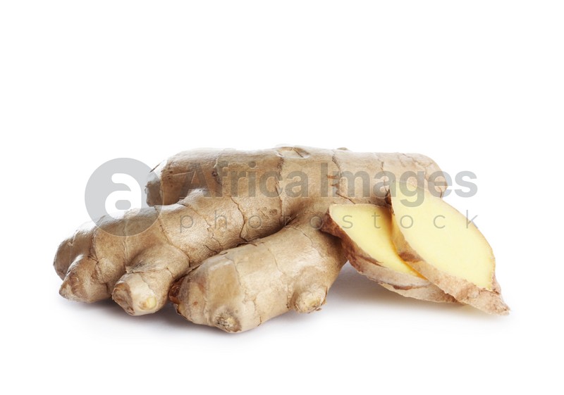 Photo of Whole and cut fresh ginger isolated on white