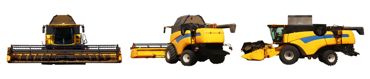 Modern combine harvester on white background, views from different sides. Agricultural machinery