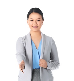 Photo of Business trainer reaching out for handshake on white background