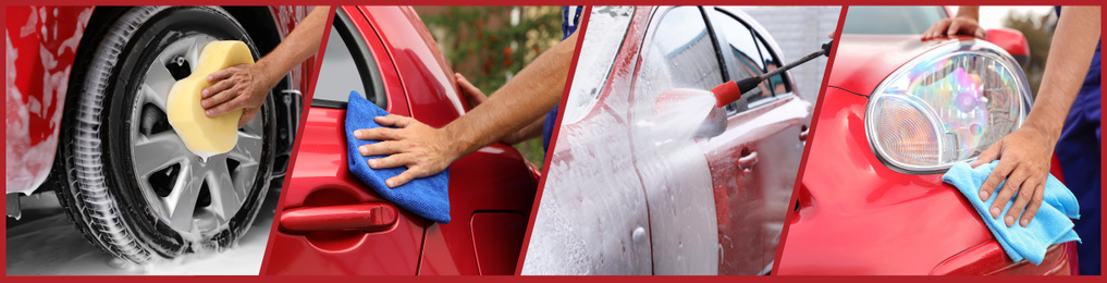 Collage of people cleaning automobiles at car wash, closeup. Banner design