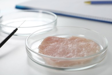 Photo of Petri dish with piece of raw cultured meat on white table, closeup