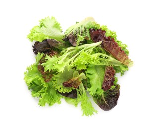 Leaves of different lettuces on white background, top view