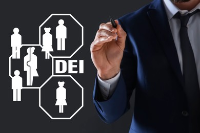 Concept of DEI - Diversity, Equality, Inclusion. Virtual screen with different icons and businessman on dark background, closeup