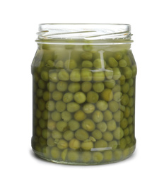 Glass jar with pickled green peas isolated on white