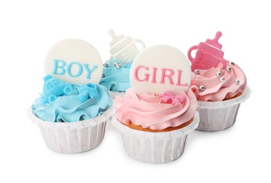 Baby shower cupcakes with light blue and pink cream on white background